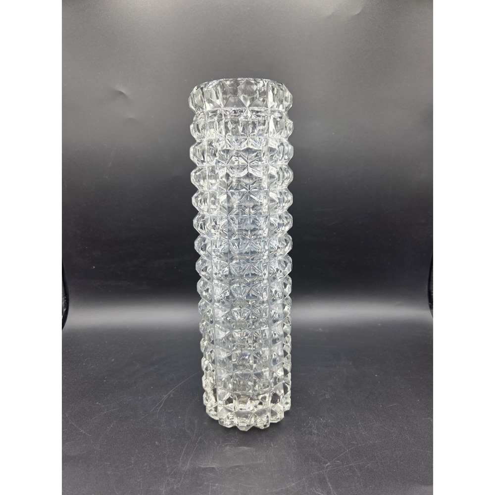 Vintage Cylinder Shape Geometric Cube Pattern Glass Vase 10.75"